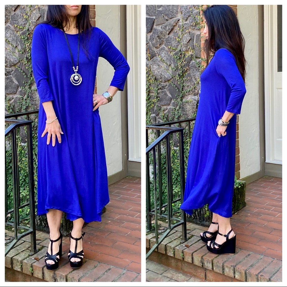 Chic Royal blue viscose side pocket swing dress - Picture 11 of 11